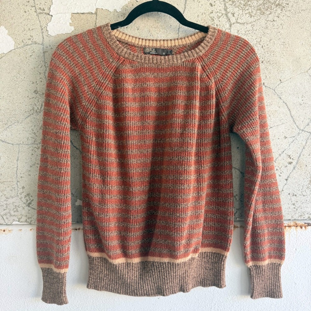 Prana Sweater Striped Ribbed Knit Pullover Crew Neck Raglan Sleeve Cozy Womens M
